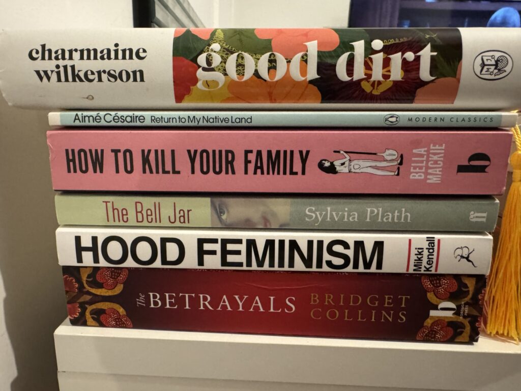 A stack of hardback and paperback books.